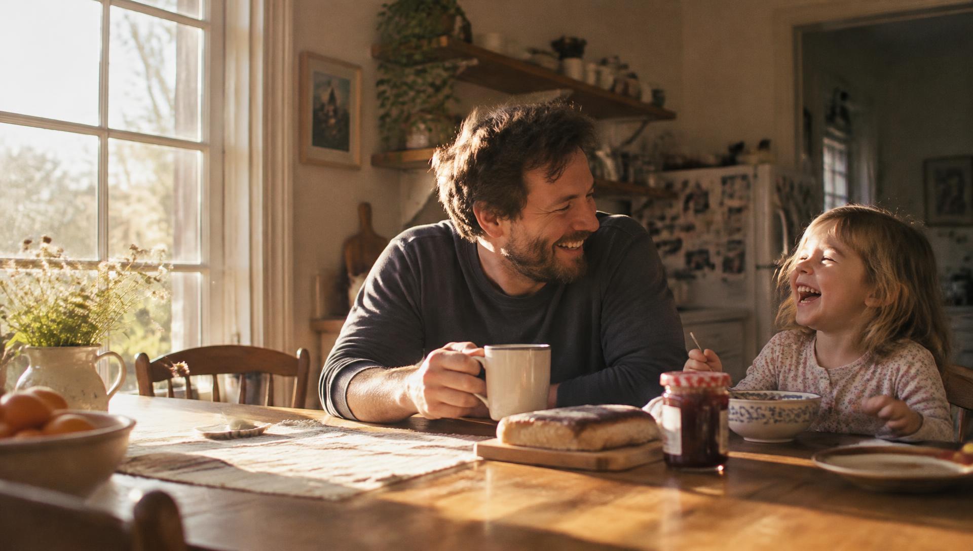 A father and daughter laughing at the breakfast table