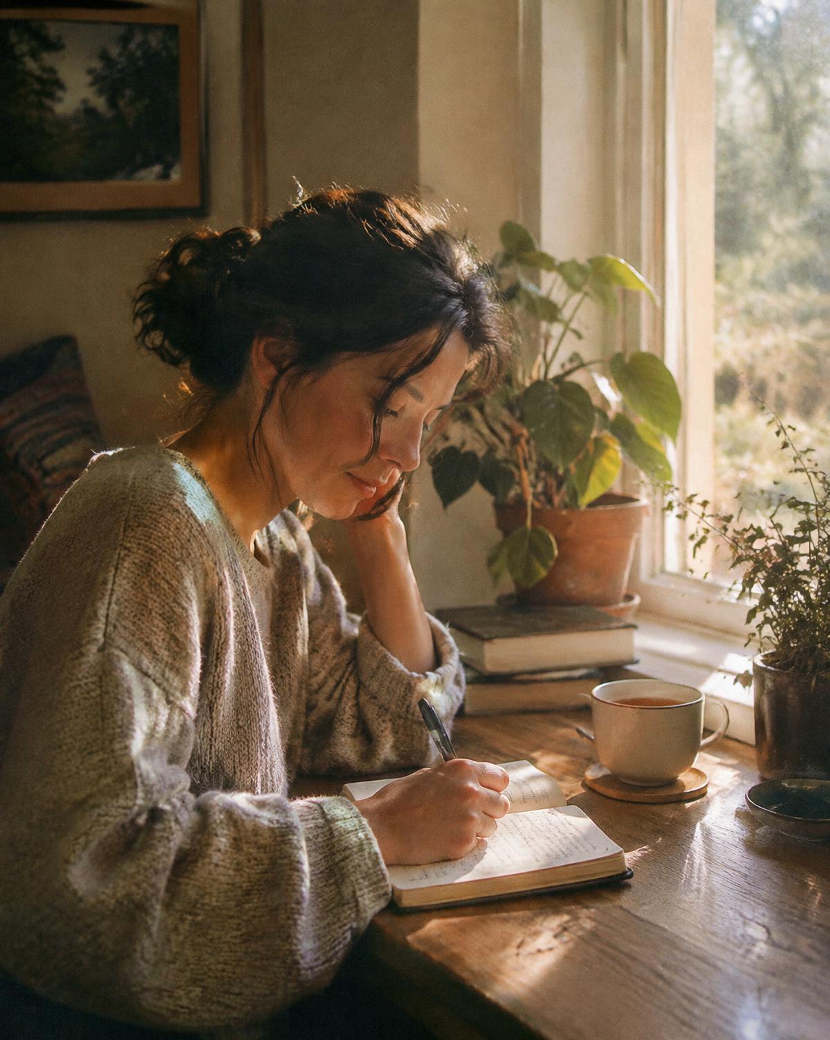 A woman journaling by a sunlit window